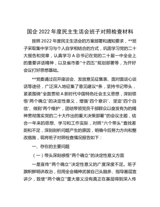 国企公司班子2022年度民主生活会对照检查5300字