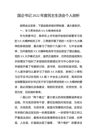 国企公司2022年民主生活会个人剖析6200字（含大会精神学习贯彻情况）