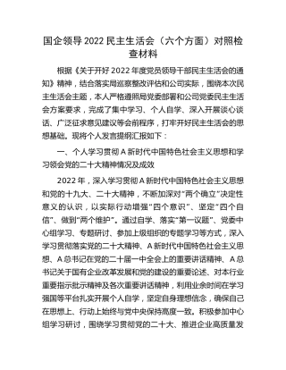 国企公司2022年民主生活会个人对照检查8100字（含上年度整改情况）