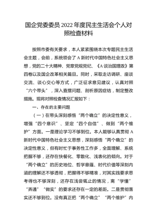 国企公司2022年度生活会个人对照检查4400字