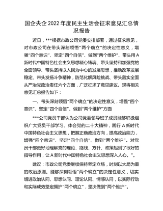 国企公司2022年度民主生活会征求意见汇总情况报告