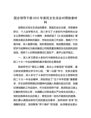 国企公司2022年度民主生活会个人对照检查（含大会学习情况）