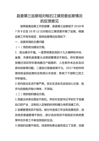 巡察组对粗石江镇党委巡察情况的反馈意见