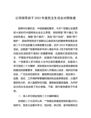 公司领导班子2022年度民主生活会对照检查5400字（含学习领会大会精神情况）