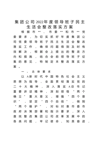 公司2022年度民主生活会整改方案3300字