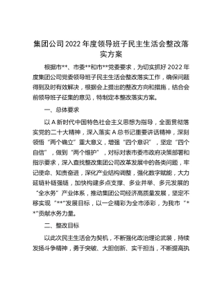 公司2022年度领导班子民主生活会整改落实方案