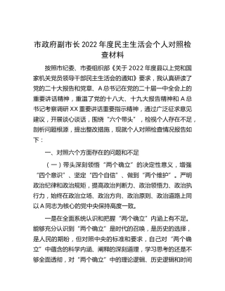 副市长2022年度民主生活会个人对照检查材料