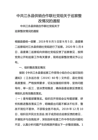 县供销合作联社党组关于巡察整改情况的通报