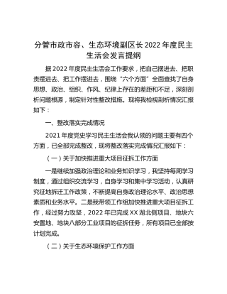 分管市政市容、生态环境副区长2022年度民主生活会发言