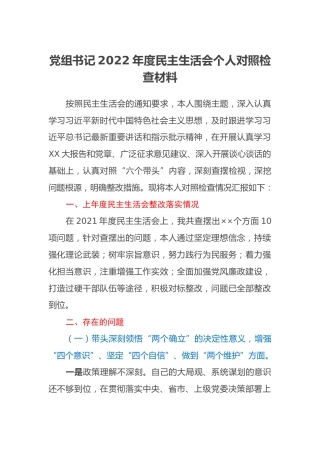 党组书记2022年度民主生活会个人对照检查材料 (2)