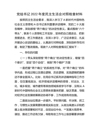 党组书记2022年度民主生活会对照检查5100字