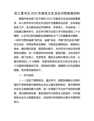 党工委书记2022年度生活会对照检查6500字（含上年度落实情况）