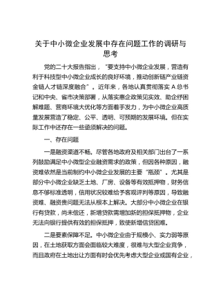 中小微企业发展中存在问题工作的调研与思考（调研报告）