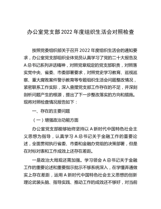 办公室党支部班子2022年度组织生活会对照检查3400字