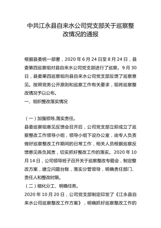 县自来水公司党支部关于巡察整改情况的通报