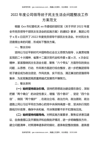 【问题整改方案】2022年度公司领导班子民主生活会问题整改工作方案范文（六个带头，集团，国有企业，国企，实施方案）