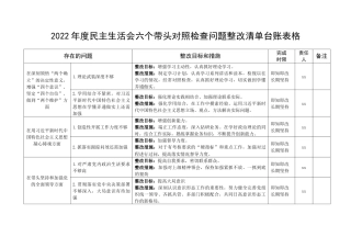【台账】2022年度民主生活会六个带头对照检查问题整改清单表格（目标措施，工作方案）