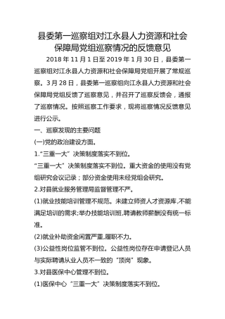 巡察组对江永县人力资源和社会保障局巡察情况的反馈意见