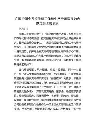 在国资国企系统党建工作与生产经营深度融合推进会上的发言（公司）