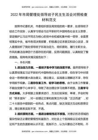 2022年市局管理处领导班子民主生活会对照检查材料范文（政治定力、组织原则、履行主职主业、作风和廉洁自律等方面，检视剖析材料，发言提纲）