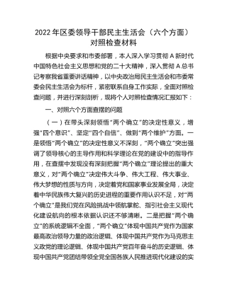 2022年区委领导民主生活会个人对照检查4300字