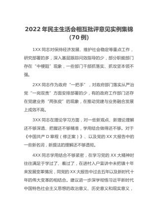 2022年民主生活会相互批评意见实例集锦（70例） (2)