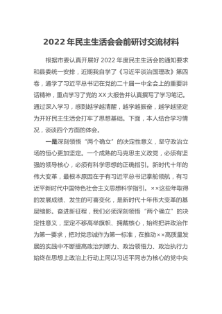 2022年民主生活会会前研讨交流材料 (2)
