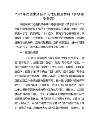 2022年民主生活会个人对照检查4100字（乡镇党委书记）