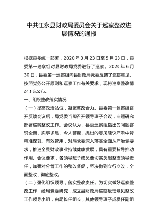 县财政局委员会关于巡察整改进展情况的通报