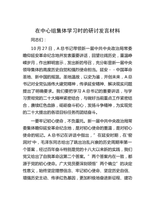 在中心组集体学习延安精神时的研讨发言材料