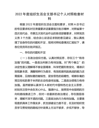 2022年度组织生活会支部书记个人对照检查3500字