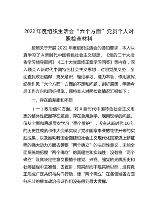 2022年度组织生活会个人对照检查3100字