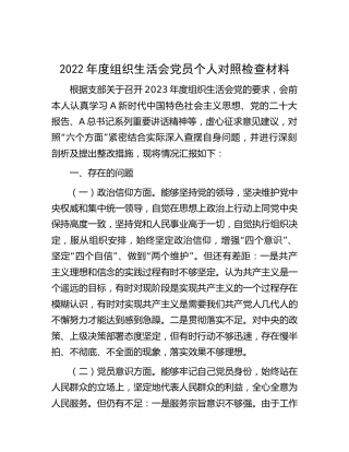 2022年度组织生活会个人对照检查2700字