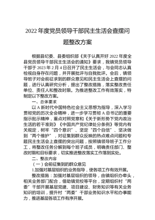 2022年度乡镇民主生活会查摆问题整改方案6300字