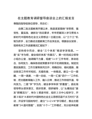 县区在主题教育调研督导座谈会上的汇报发言