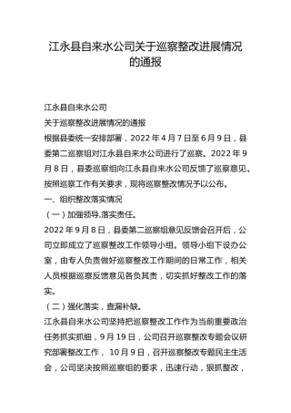 县自来水公司关于巡察整改进展情况的通报