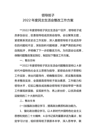 2022年度民主生活会整改工作方案（1800字，整改任务的9条措施可以参考）