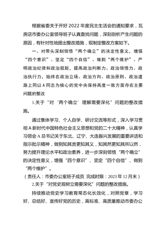 2022年度民主生活会整改方案（市4000字）