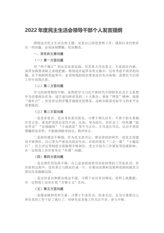 2022年度民主生活会领导干部个人发言提纲（六个方面）