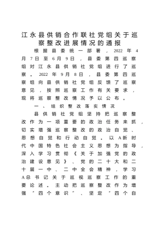 县供销合作联社党组关于巡察整改进展情况的通报