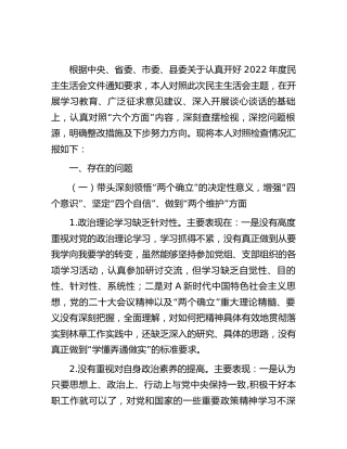 2022年度民主生活会林草系统个人对照检查5200字