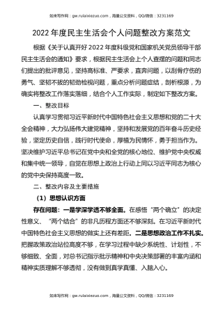 2022年度民主生活会个人问题整改方案范文（思想认识、责任担当、为民服务、履职尽责、工作作风、廉洁自律等方面，工作实施方案）