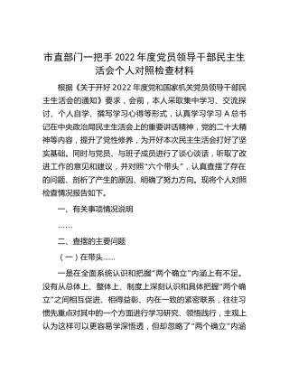 2022年度民主生活会个人对照检查6100字