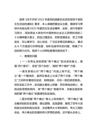 2022年度民主生活会个人对照检查5400字（市常委班子成员）