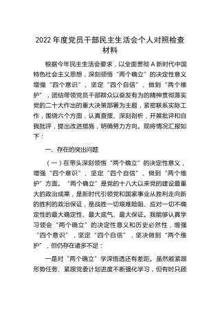 2022年度民主生活会个人对照检查3700字