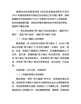 2022年度民主生活会个人查摆问题整改方案3000字