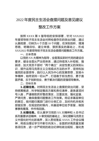 2022年度民主生活会查摆问题及意见建议整改工作方案5300字