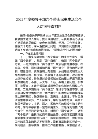 2022年度六个带头民主生活会个人对照检查材料