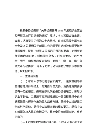 新疆普通党员2022年组织生活会个人对照检查材料（含治疆方略）