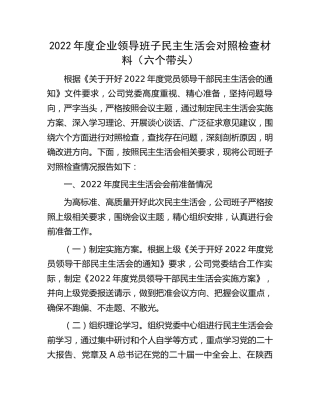 2022年度公司领导班子民主生活会对照检查5200字（含会前准备情况）